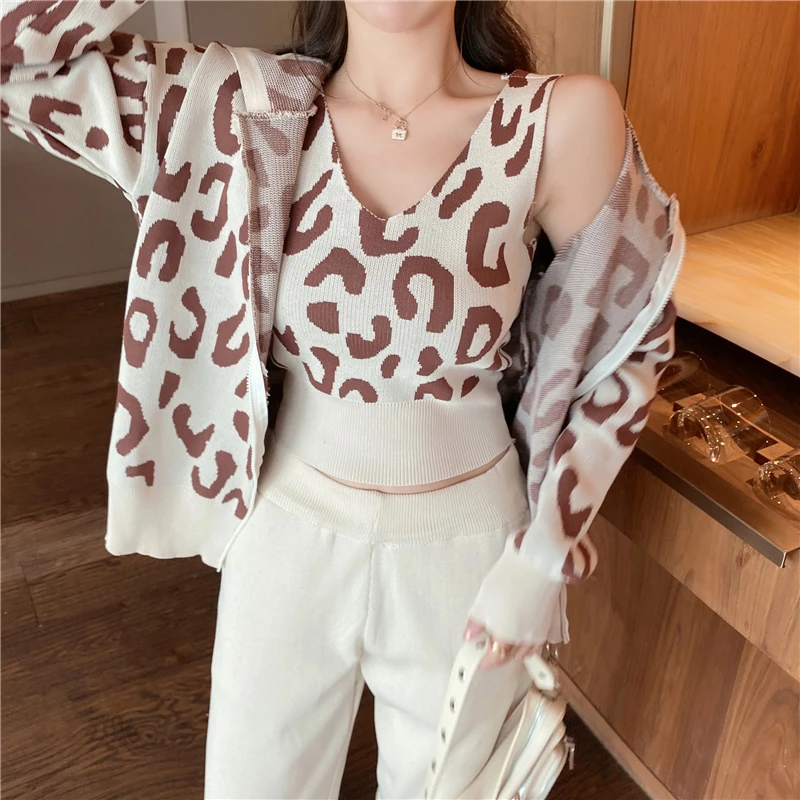 

Pop Knitted Tracksuit Women Leopard Hooded Cardigan + Camisole +Harem Pants Suits Three Piece Set Casual Sports Outfit
