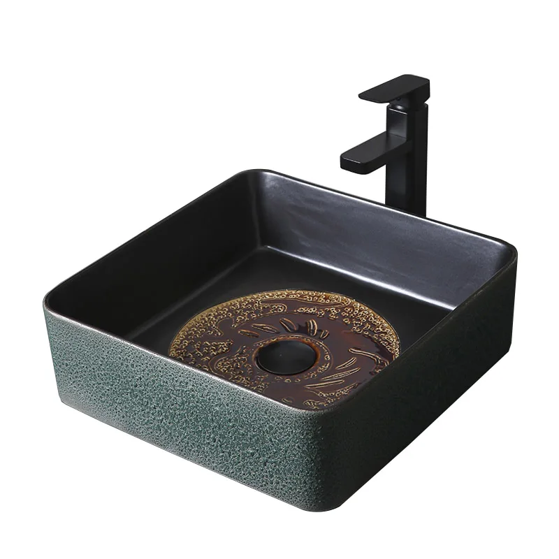 

Art Basin Ceramic Wash Basin with Drainer Toilet Sink Square Washing Basin Bathroom Sinks Ceramic with Faucets Lavamanos