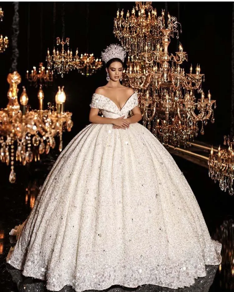 Принцесса vestidos De Novias с открытыми плечами вышитое блестящим бисером короткий рукав бальное платье Кружева шикарное роскошное свадебное платье