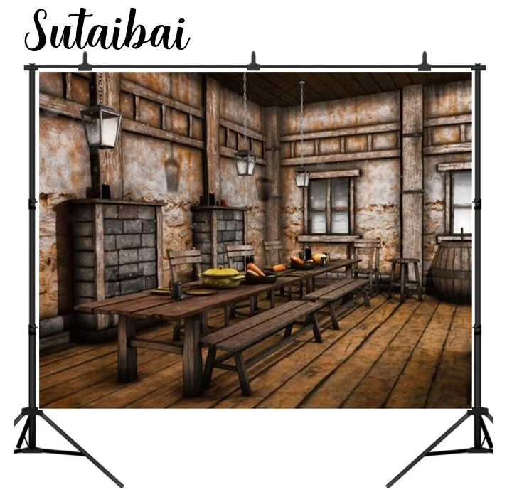 

Shabby Medieval Tavern Background Vintage Western Wood Bar Counter Tables Chairs West Cowboy Photography Backdrop Western Cowboy