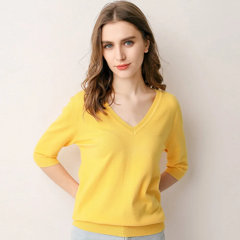 

Saythen Summer Women V-neck knit Top Short Sleeve 7 Colors Casual Tee Shirt Breathable Female Slim Plus Size Fashion sweater