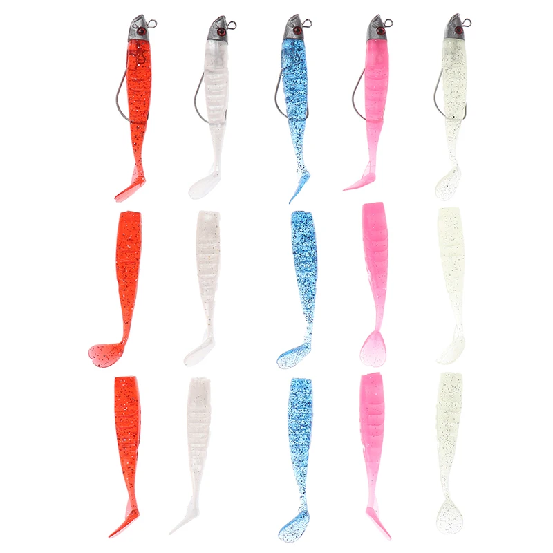 

1Set Jig Head Soft Bait T Tail Artificial Lures Worm Hook Fish Seabass Fishing Bait Black Minnow Set