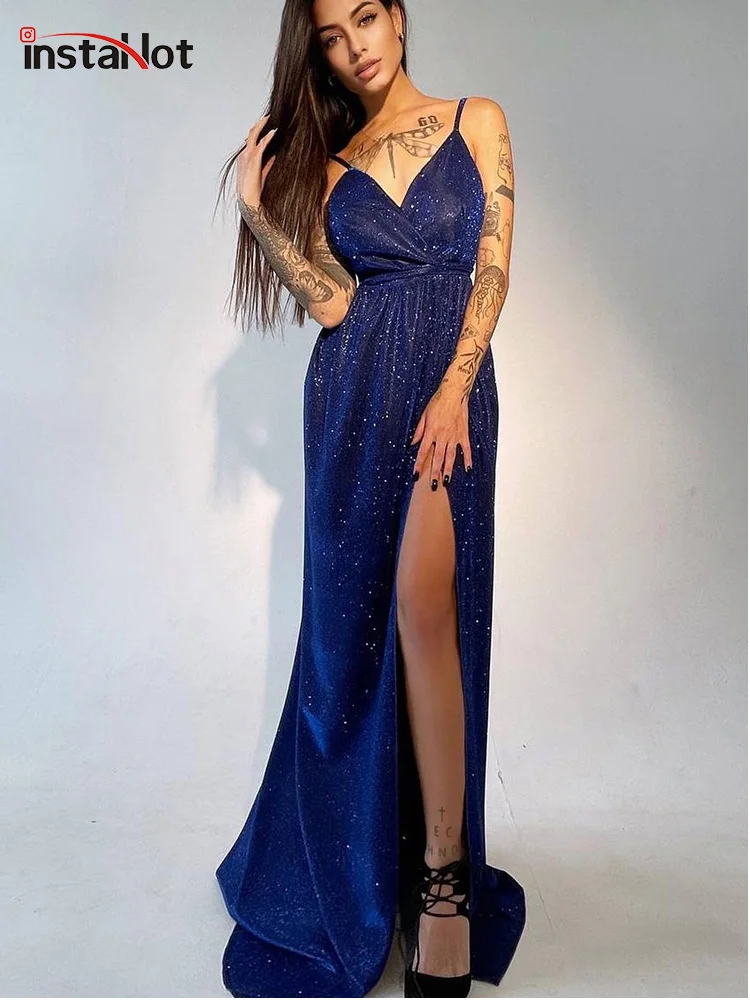 

InstaHot Sequin Women Gala Long Cami Dress High Split Folds Summer Slim Sexy Elagant Fashion Party Evening Club Floor Dresses