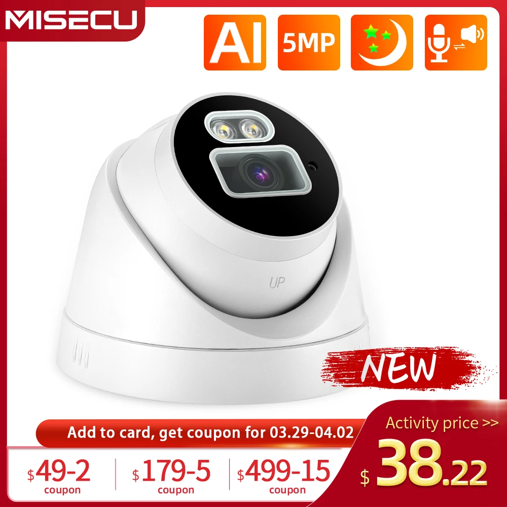 

MISECU 5MP 48V POE Camera Smart Ai Human Detected Two-way Audio Full Color Night Vision CCTV Video Security Indoor Camera Onvif