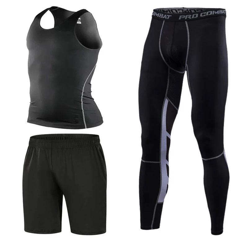 

Men's Sports Tights Suit Three-piece Fitness Quick-drying Sport Vest Pants Running Sweatsuit Basketball Compression For Men 2021