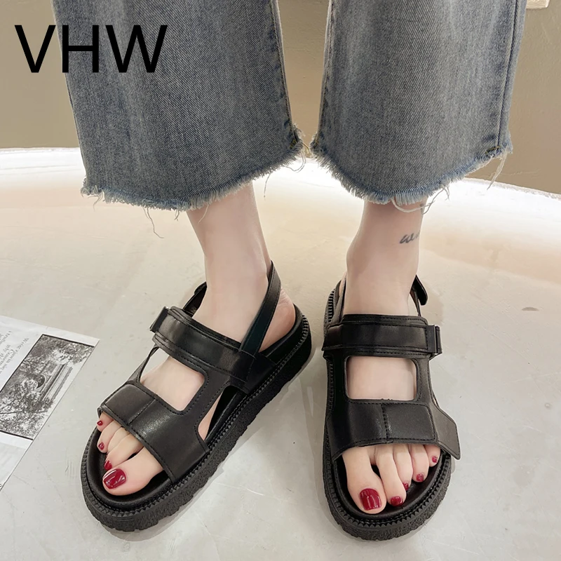 

Women Sandals 2021 Summer White Casual Platform Shoes Fashion Black Chunky Sole Open Toe Leather Sandals Women Sport Sandals