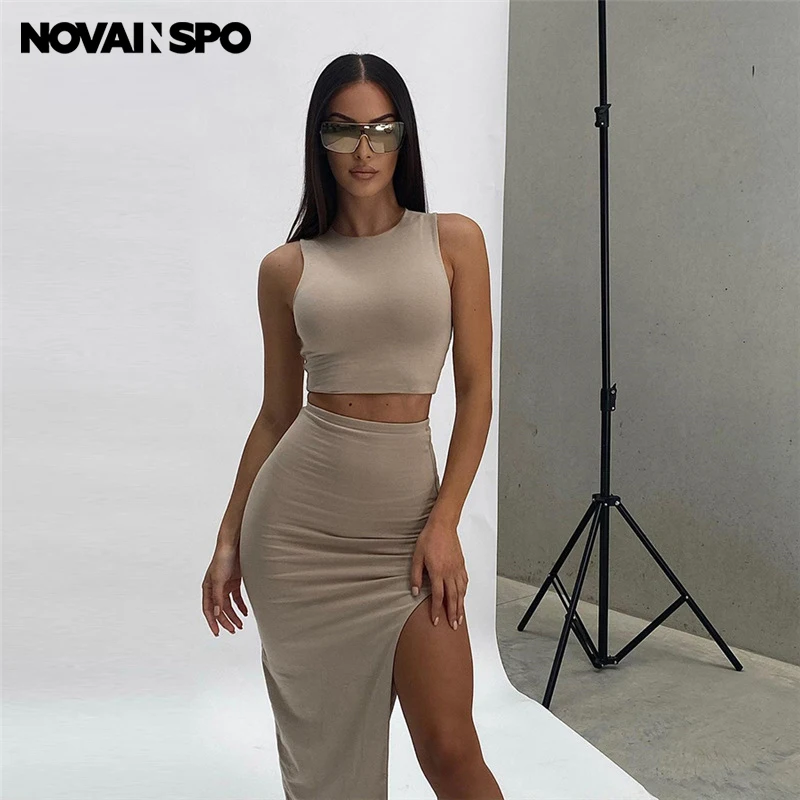 

NOVAINSPO Summer Women Split Soild Elegant Sleeveless High Waist Set 2021 Fashion Casual Printing Aesthetic Outfits Two-Piece