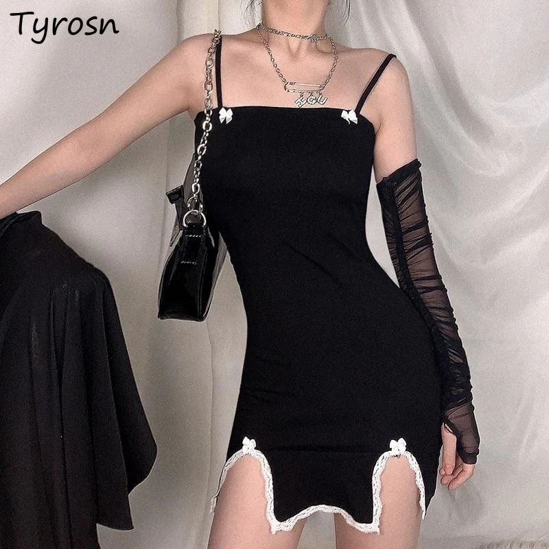 

Sleeveless Dress Women Design Side-slit Black Slim Slash Neck Vestidos Lace Patchwork Summer Sexy Sheath Mini Dresses Mujer Chic