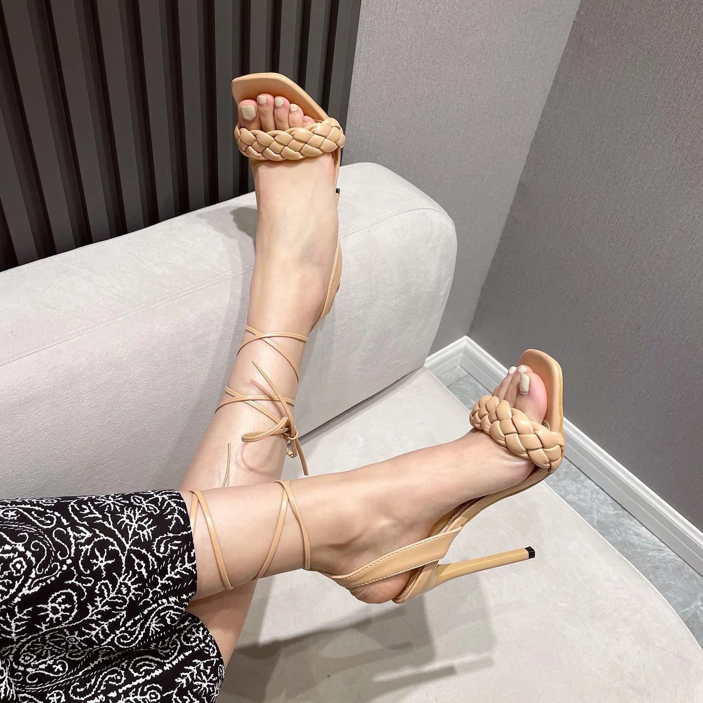 

New Fashion Design Weave Sandals 11cm Heels Women High Heels Square Open Toe Ladies Shoes Cross-strap Summer Sandals Women Shoes