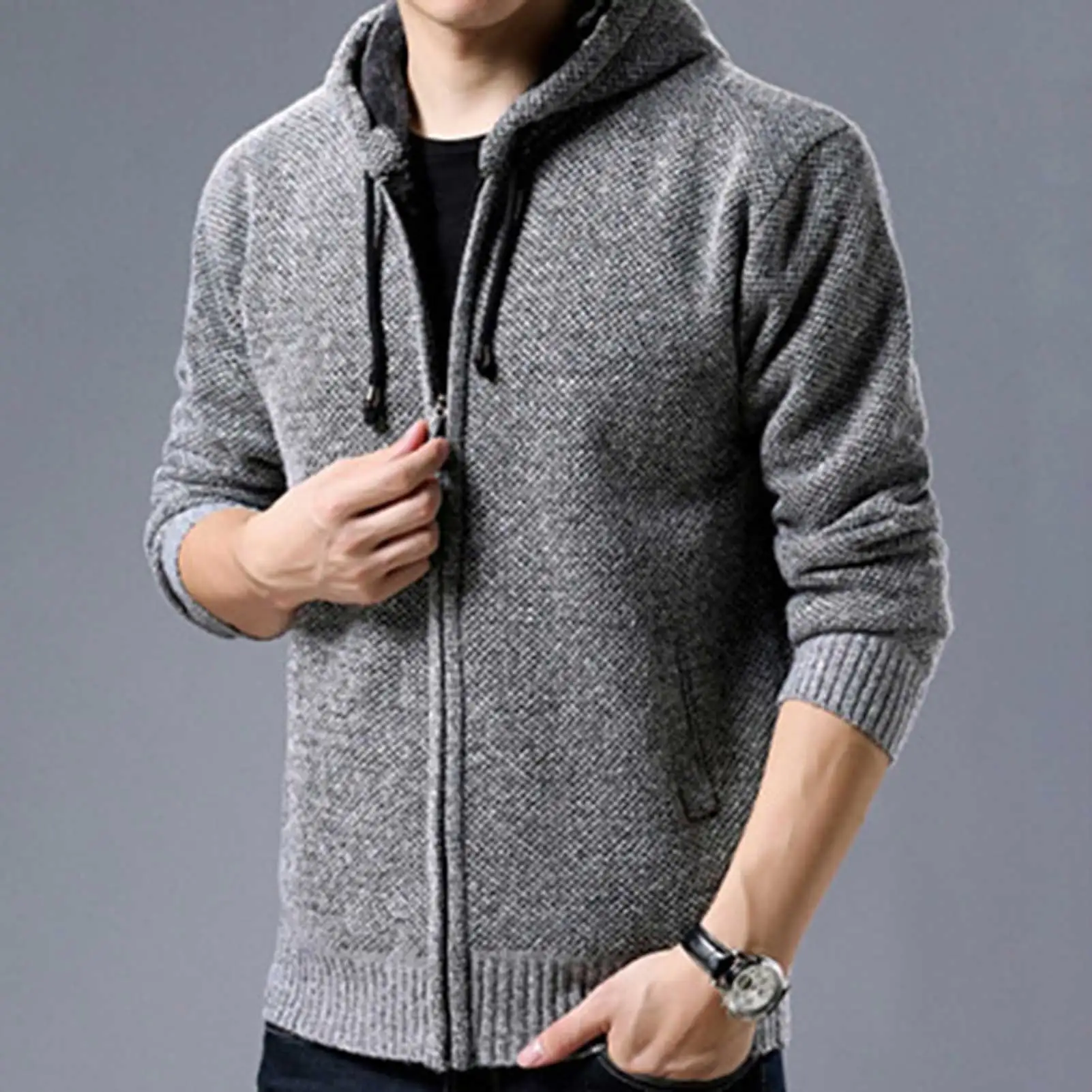 

Men Autumn Winter Long Sleeve Plush Liner Zip Pockets Knitted Hooded Coat Jacket