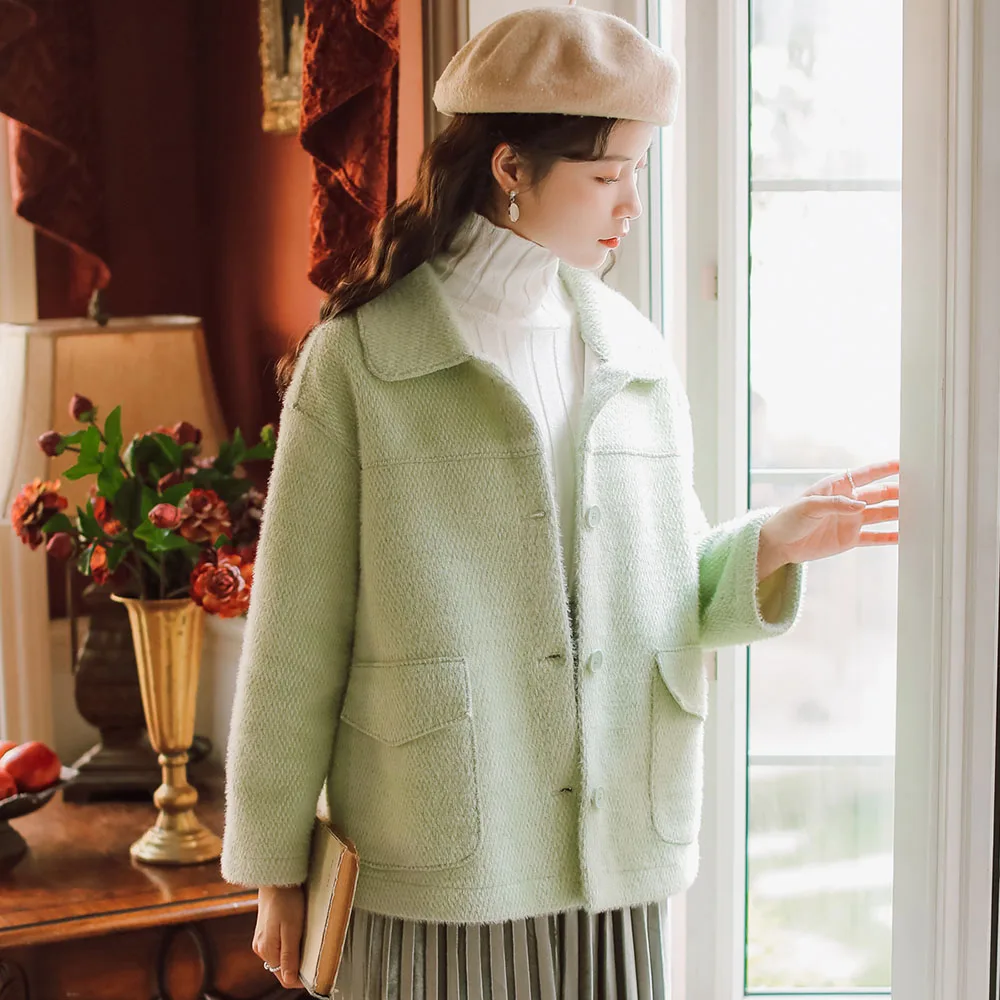 

Women Elegant Knits Jacket Solid Long Sleeve Patchwork Pocket Lapel Minimalism Single-breasted Vintage Winter Lady Jacket