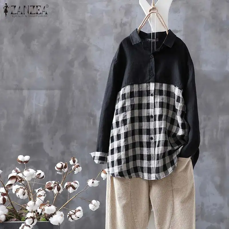 

Винтажная клетчатая блузка ZANZEA в стиле ретро с пэчворком, Весенняя блузка с длинным рукавом, воротником с лацканами, Женская туника на пугов...