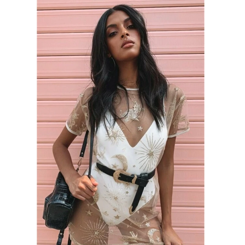 Женское Прозрачное Бикини с коротким рукавом и принтом звезд Луны | Женская