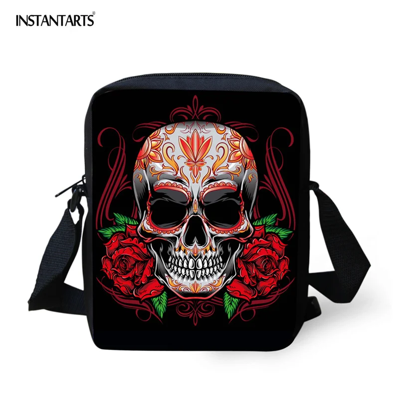

Женская сумка-мессенджер INSTANTARTS, винтажная миниатюрная сумка через плечо с принтом черепа розы, повседневные школьные портфели на ремне