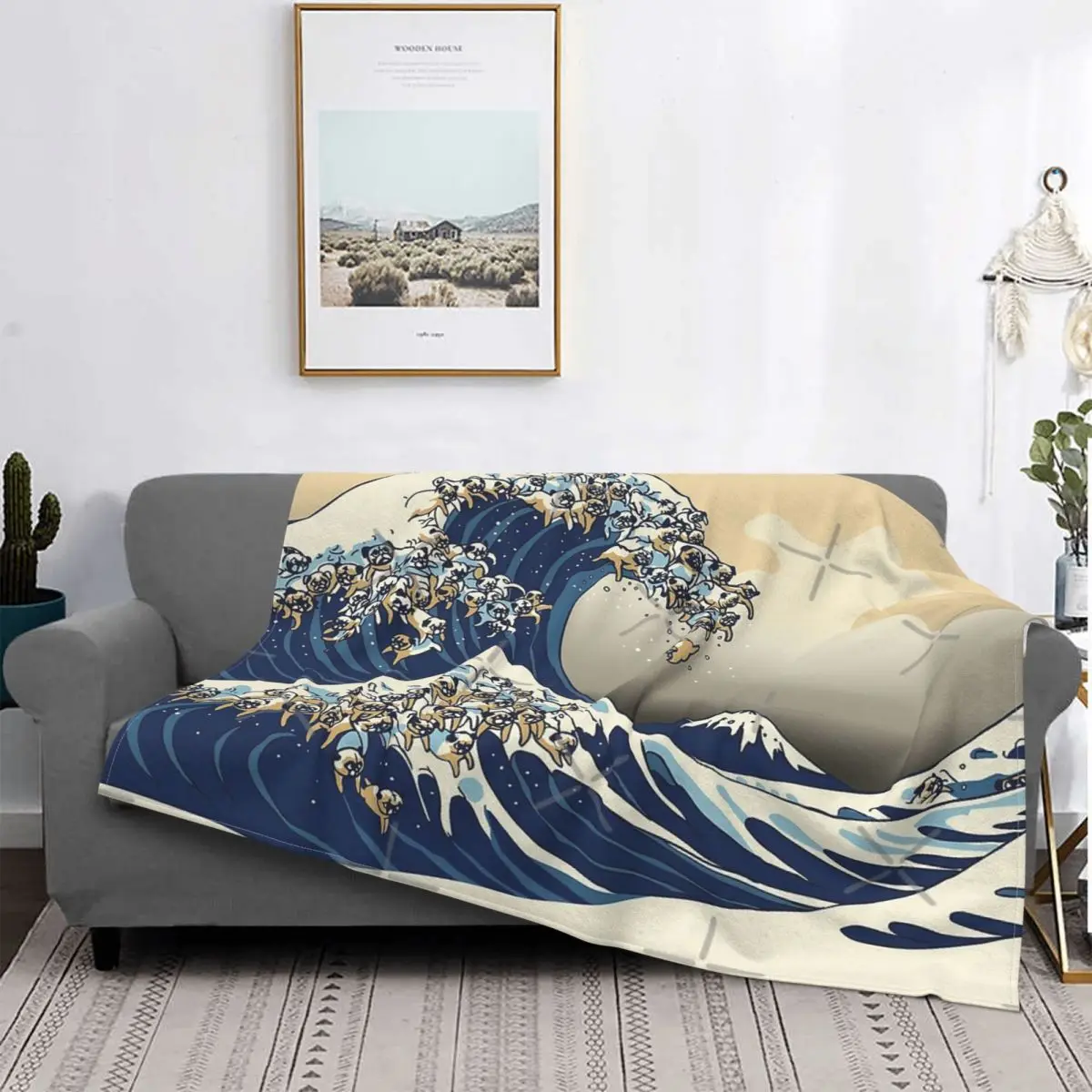 

The Great Wave Of Pugs Vanilla Sky Blanket Bedspread Plaid Canopy Covers Fake Fur