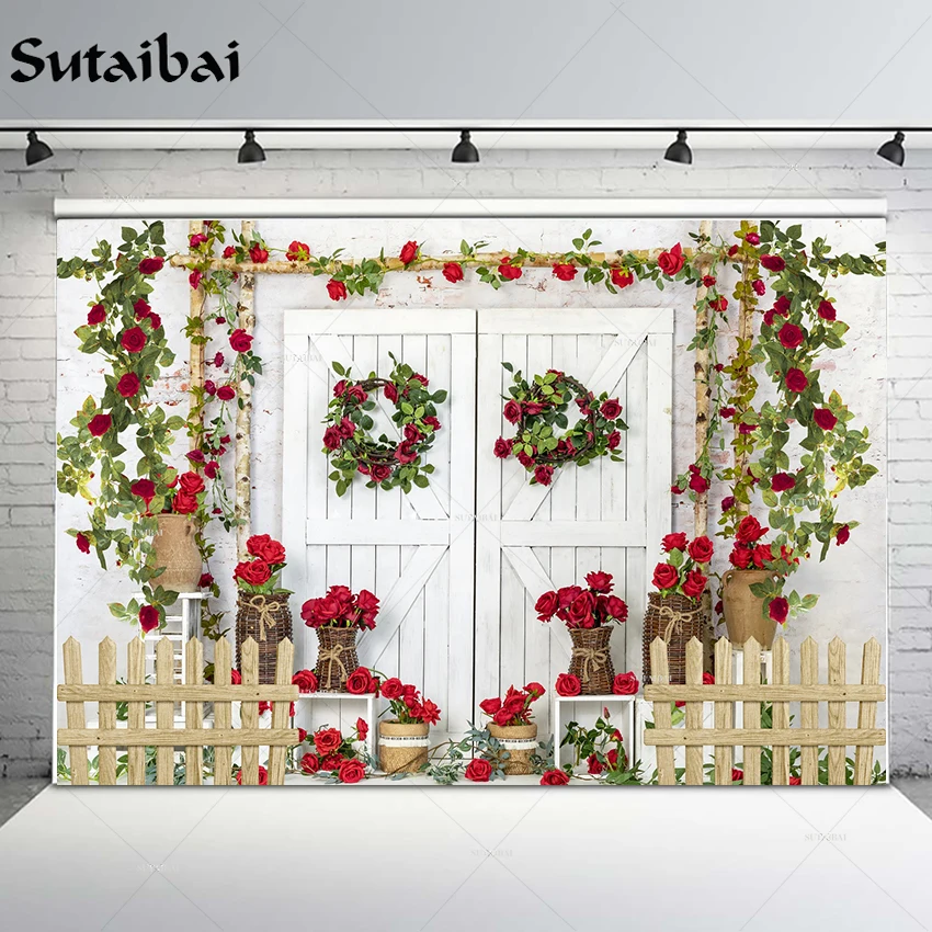 

Розовый сад белый деревянный фон Весна зеленые растения цветы забор для детей Детский портрет Фотофон