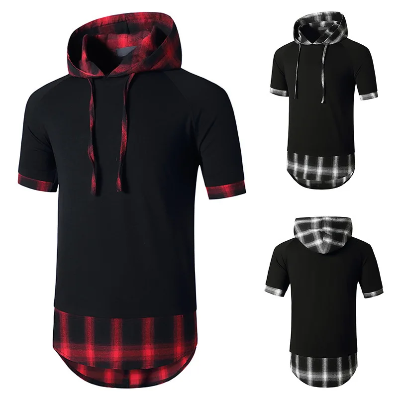

2021 Summer New Fashion European Men's Casual Hooded Short Sleeve T-shirt Flannel Hip Hop T-shirt