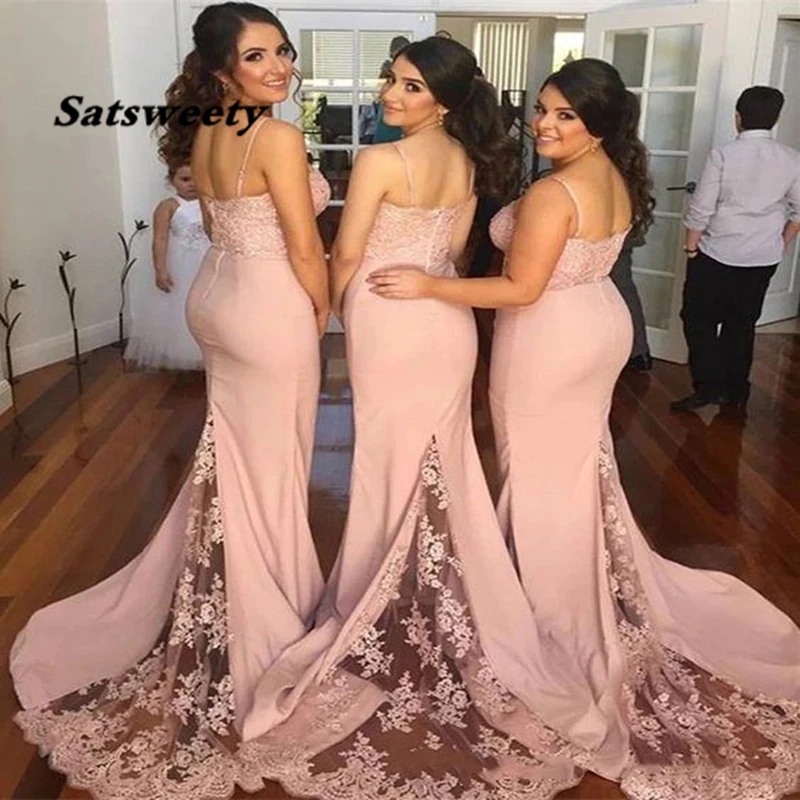 

2021 Blush Pink Bridesmaid Dresses Spaghetti Strap Sleeveless Mermaid Lace Junior Country Bridesmaid Dresses Long Maid Dress