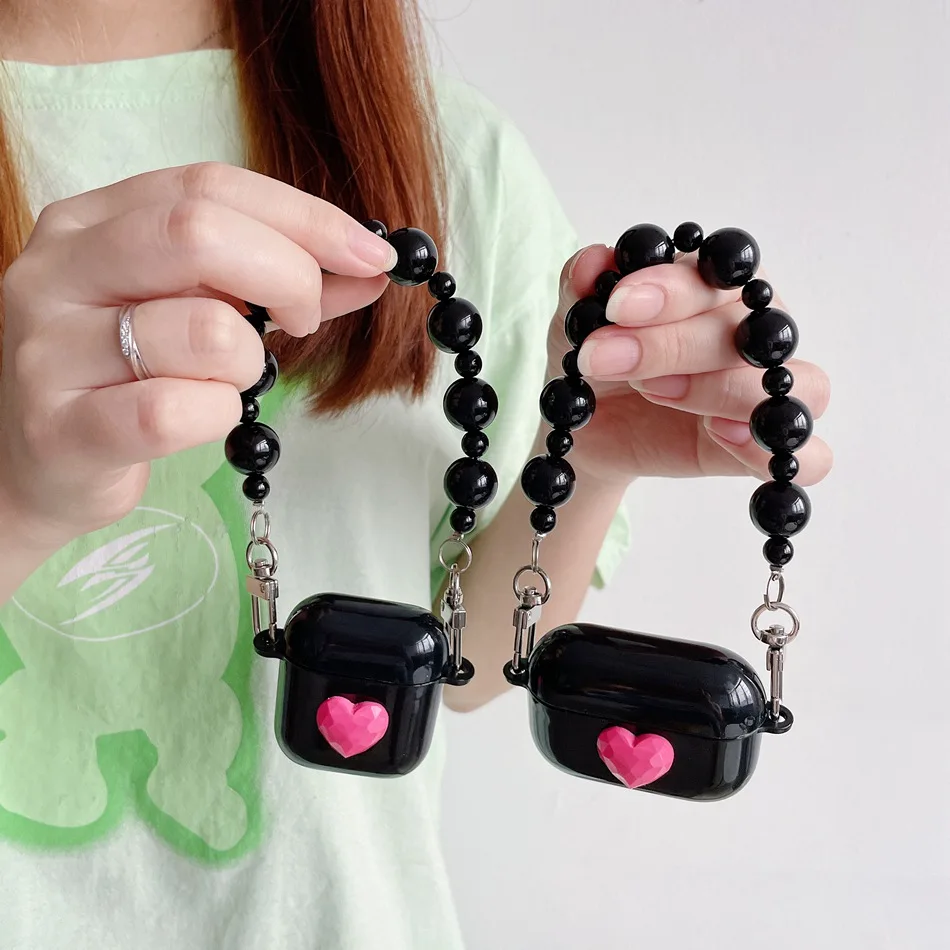 

Earphone Case For AirPods Fashion Rose Love Earphones Cover For AirPods 2 3 AirPods Pro Soft Protect Shell with Black Bead Chain