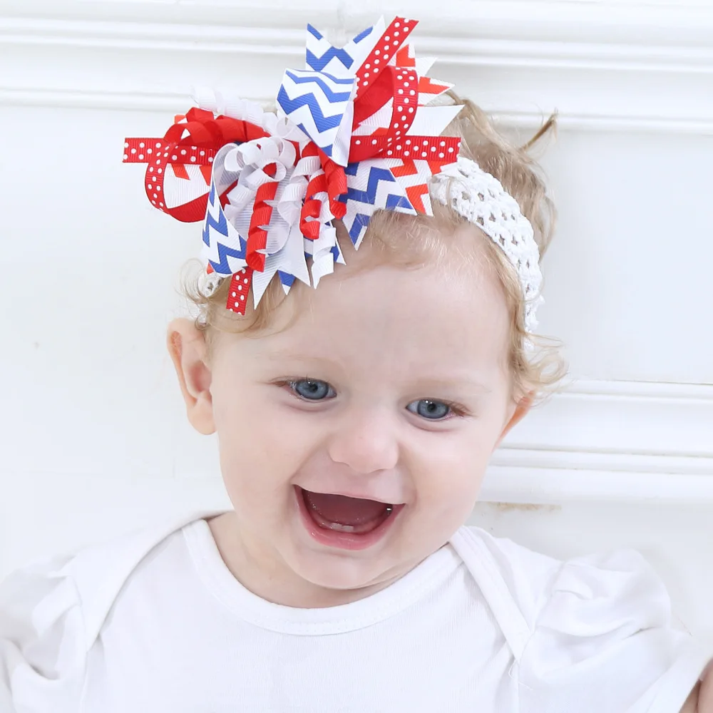 

Fabric Flower Cluster Garland USA Flag Elastic Dots Headbands for Independence Day Baby Hair Clip