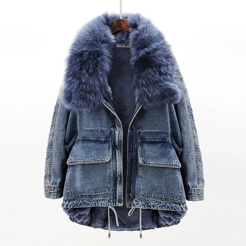 Зимняя модная теплая куртка с воротником из натурального Лисьего меха + Плотная