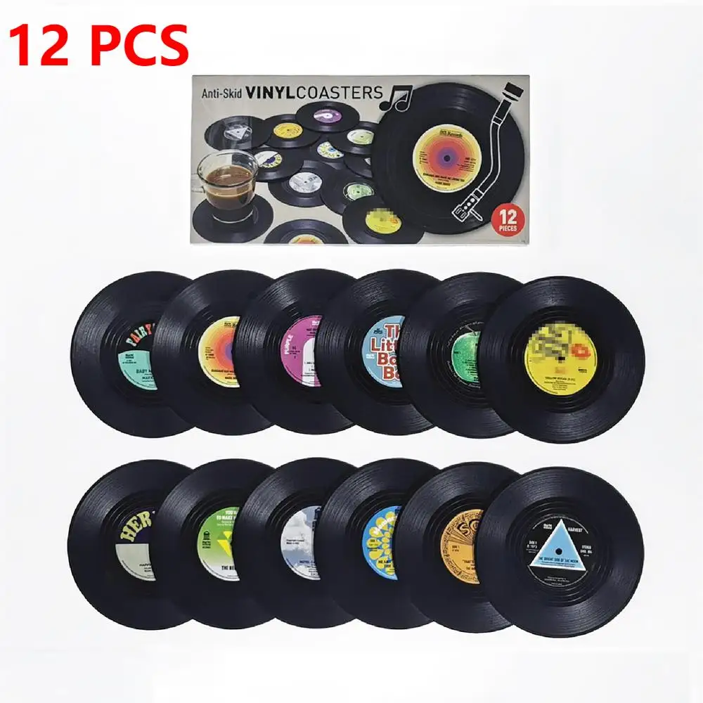 

12Pcs Coasters Retro Record Funny Absorbent Novelty Vinyl Disk Coasters Effective Protection Of The Desktop To Prevent Damage