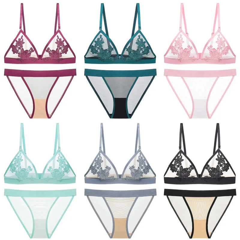 

Сексуальный прозрачный бюстгальтер, французское романтическое кружевное женское нижнее белье с цветочной вышивкой, прозрачный комплект б...