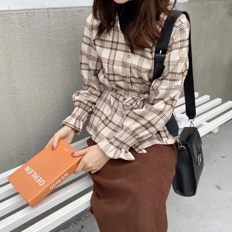 

HziriP Feminine Plaid Loose Vintage V-Neck Tops Autumn Casual Stylish Sweet Brief Stylish Office Lady Women All-Match Shirts