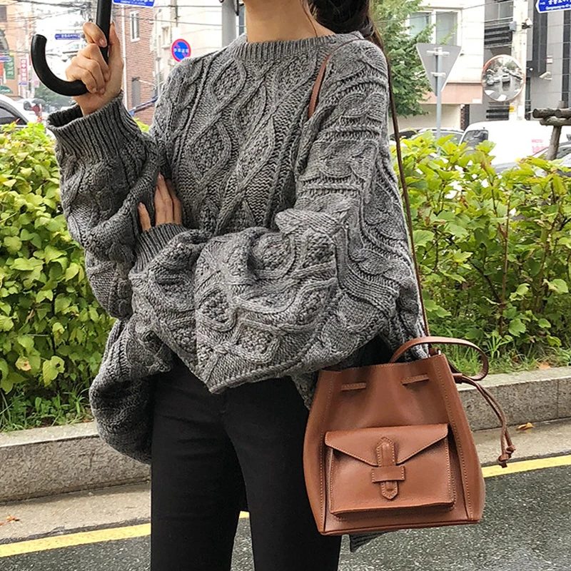 

YAMDI knitted vintage elegant pullover thick spring winter woman loose 2020 korean oversized cute sweater women jumper solid new