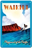 pacifica island art 20in x 30in vintage tin sign surfing waikiki beach hawaii playground of the pacific by wade koniakowsky