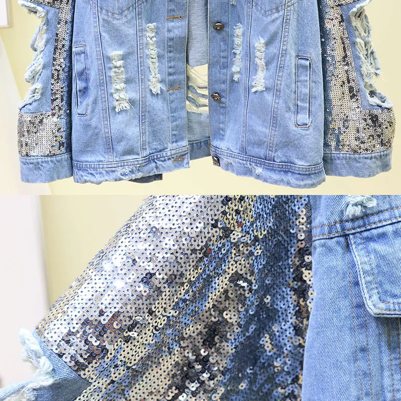 

Spring New Harajuku Sequins 2021 Denim Jacket Women Lapel Long Sleeve Hole Hollow Loose Jeans Jacket Female Casual Basic Coat