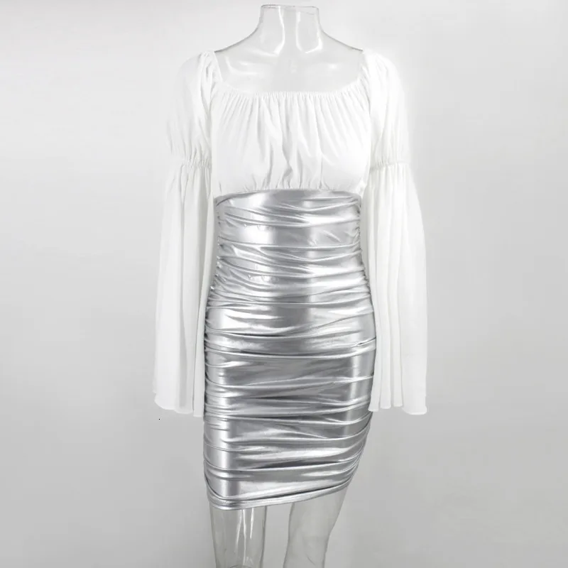 Fuedage осеннее лоскутное шифоновое пикантное платье из искусственной кожи женские