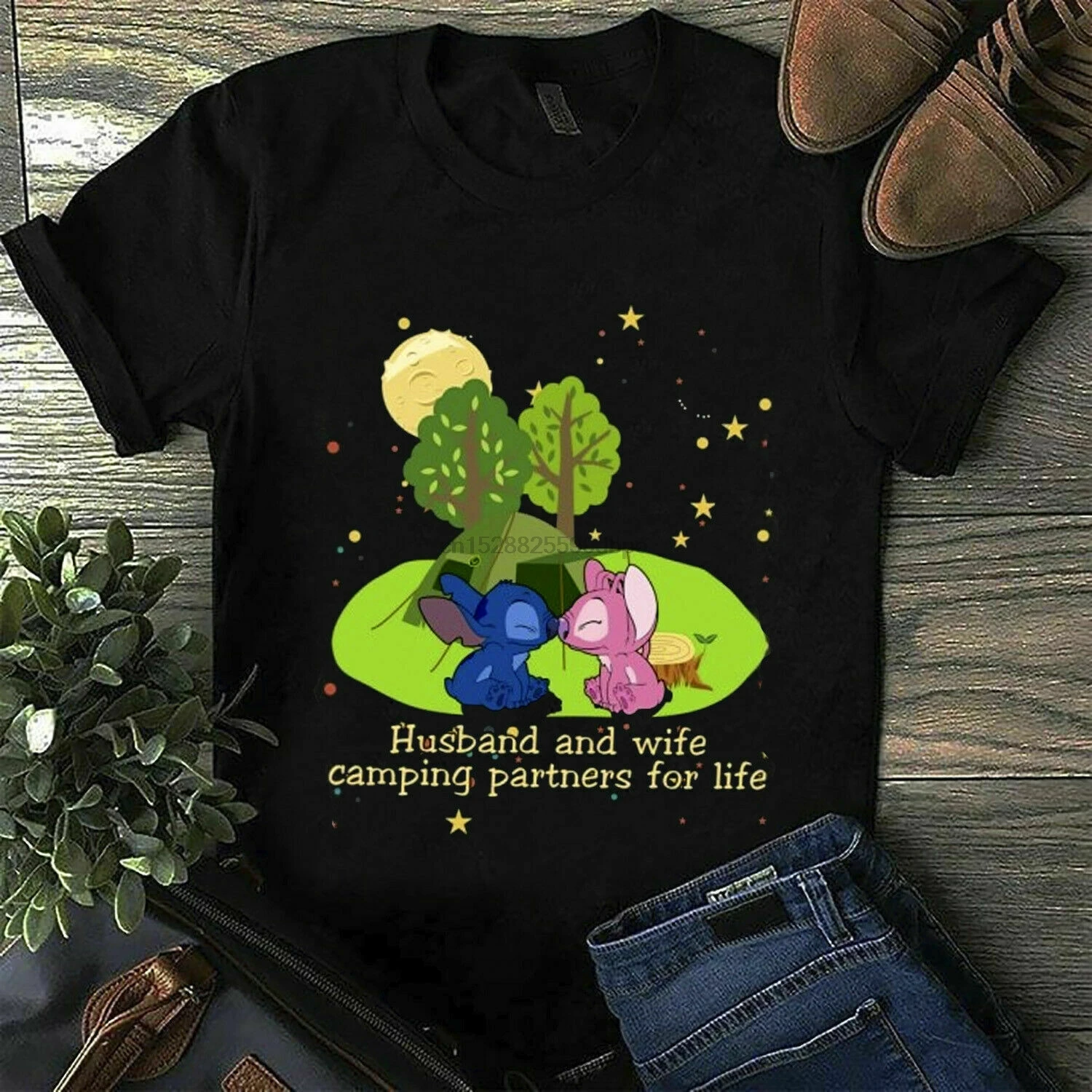 

Stitch Angel Husband Wife Camping Partners For Life Black T Shirt M 6 Xl