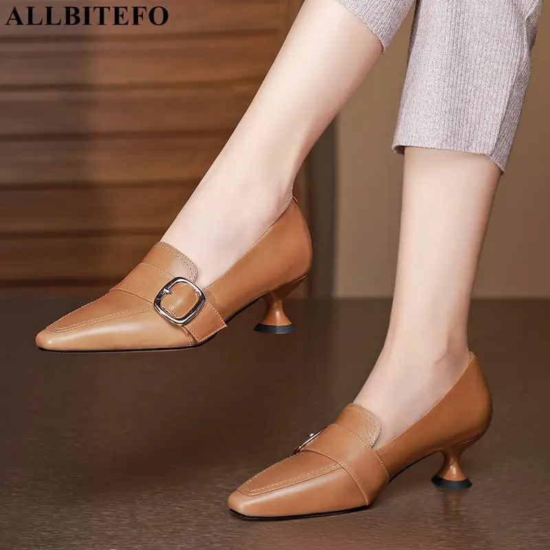 

ALLBITEFO size 34-42 soft natural genuine leather high heels fashion sexy cow leather high heel shoes women pumps basic shoes