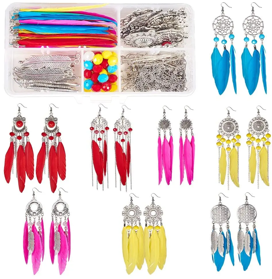 

Набор для изготовления серег в богемном стиле, ювелирные украшения «сделай сам» с цветными перьями, античное серебро, 1 коробка, 8 пар