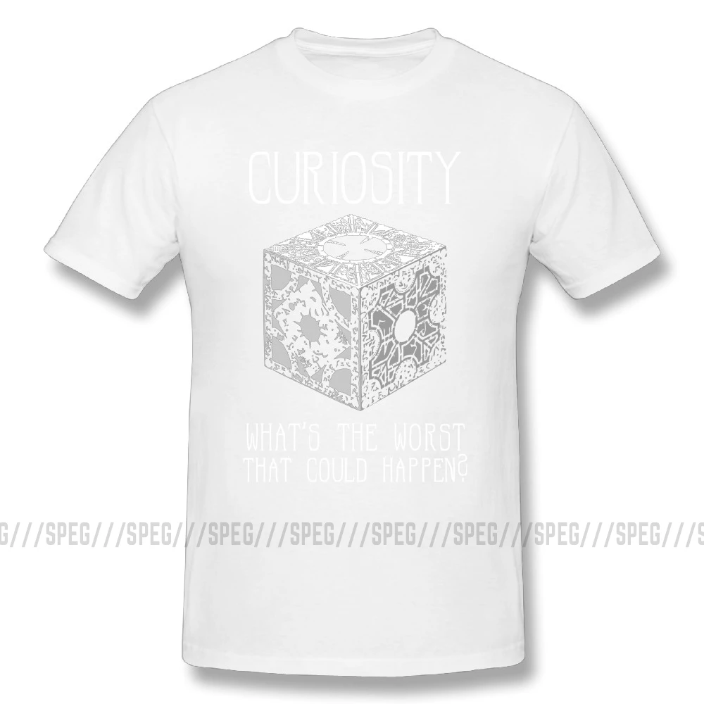 Мужские футболки из хлопка с коротким рукавом и рисунком из мультфильма "curiousity Killed Hellraiser", большая скидка, мужские футболки с круглым вырезом - Цвет: Белый