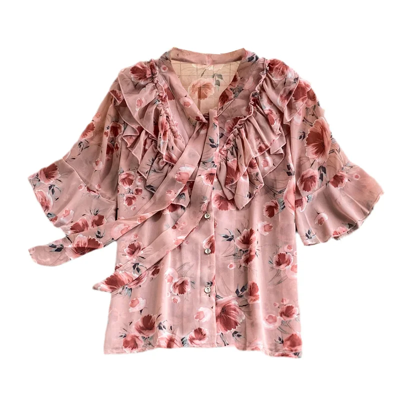 

2021 New Summer Blouse Female V-neck Ruffled Puff Sleeve Floral Chiffon Blusa Sweet Age-reducing French Shirt DK273