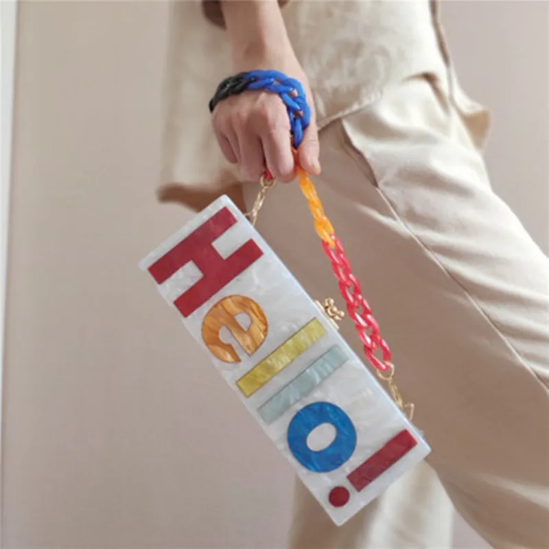 

Pearl White With Colorful Name Letter Hello Women Female Evening Party Travel Wedding Acrylic Box Clutches Shoulder Flap Purse