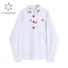 Женская свободная рубашка на пуговицах, белая блузка с длинным рукавом и принтом в виде губ и сердца, для ранней осени, 2021