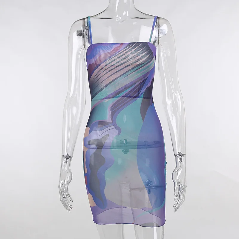 

Sexy Thin Mesh Spaghetti Strap Bodycon Mini Dress Summer Holiday Abstract Painting Printed Sundress Ladies Streetwear Dresses