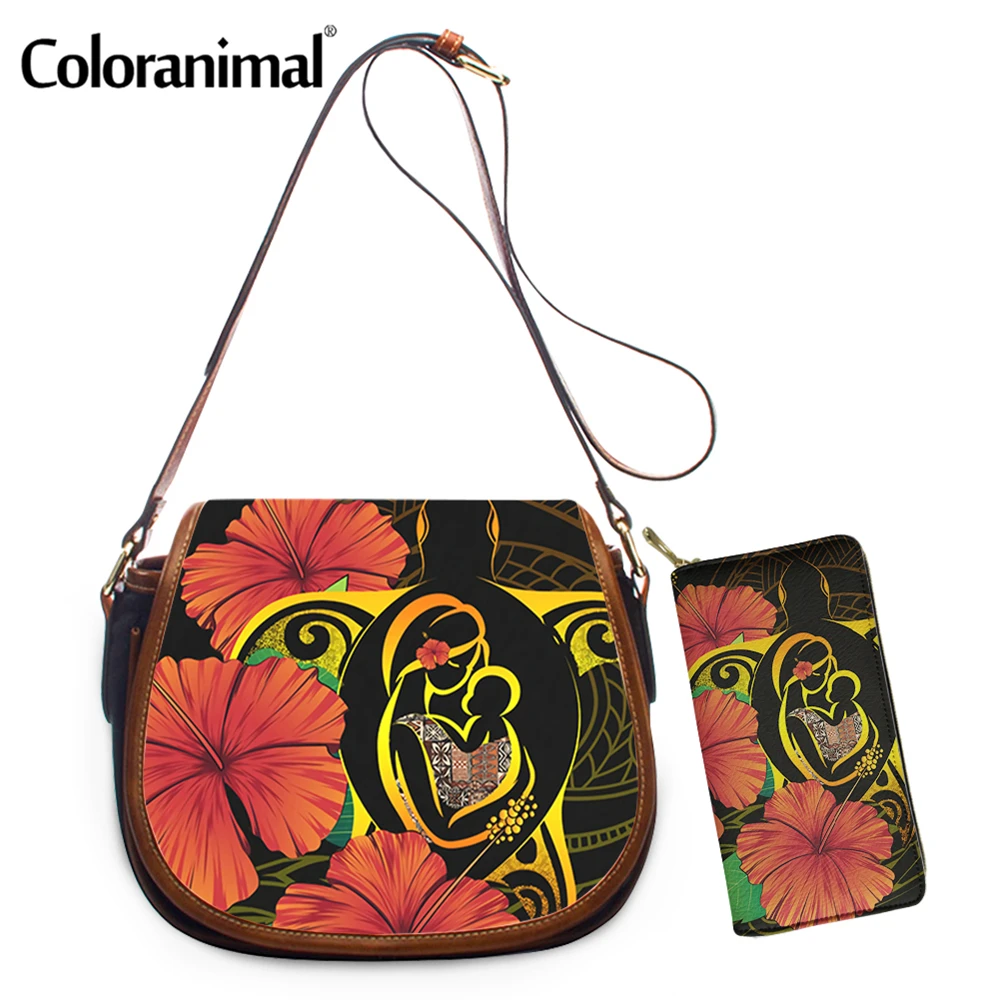 

Coloranimal Hawaii Polynesian Turtle Hibiscus Printed Crossbody Bag for Women Leather 2Pcs/Set Saddle Bag Set With Wallet Bosla