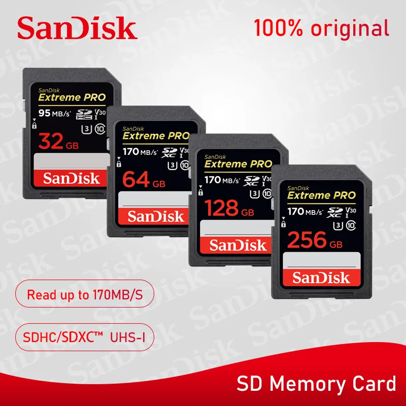 SanDisk Extreme Pro SD Card 32GB SDHC 95M/S 64GB 128GB 256GB SDXC UHS-I Class 10 170M/S Memory Card Support U3 4K Video Card
