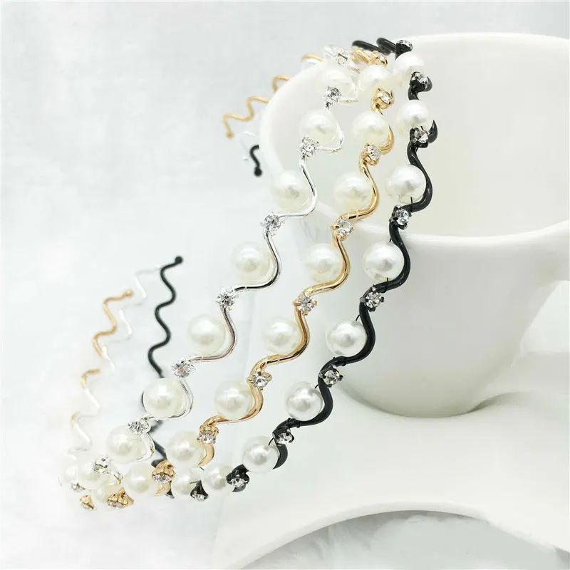 

Women Girls Sweet Korean Style Simple Hairband 1PC Fashion Crystal Rhinestone Pearls Wave Headband Hair Hoop Hair Accessories