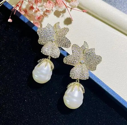 

S925 Sterling Silver needle Flower Pearl shell drops zircon Crystal Earrings Jeweller DIY accessories