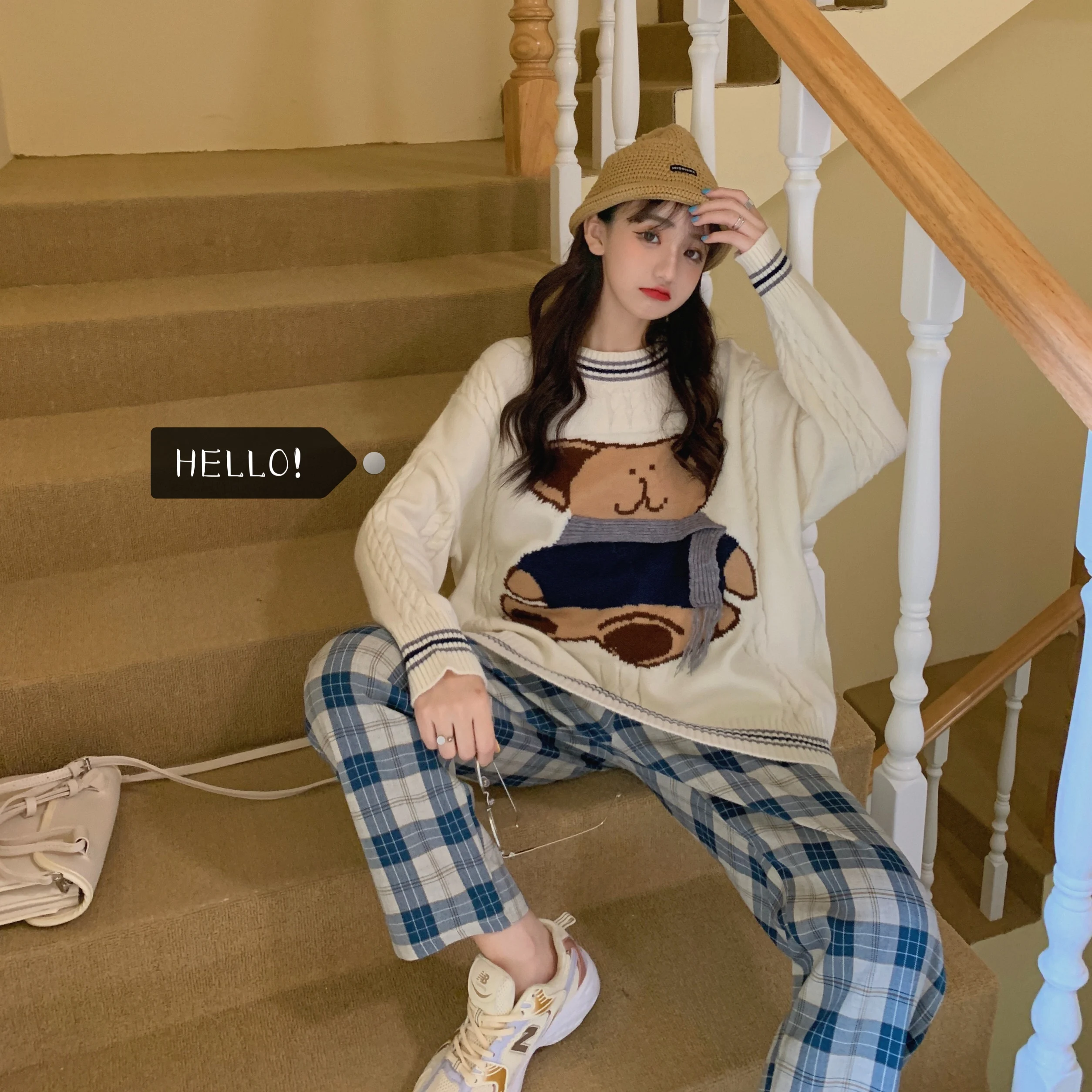 

Korean Japanese Style Sweet Cartoon Bear Print Knitted Sweater Women Autumn Winter Long Sleeve Pullover Loose Knitwear Harajuku