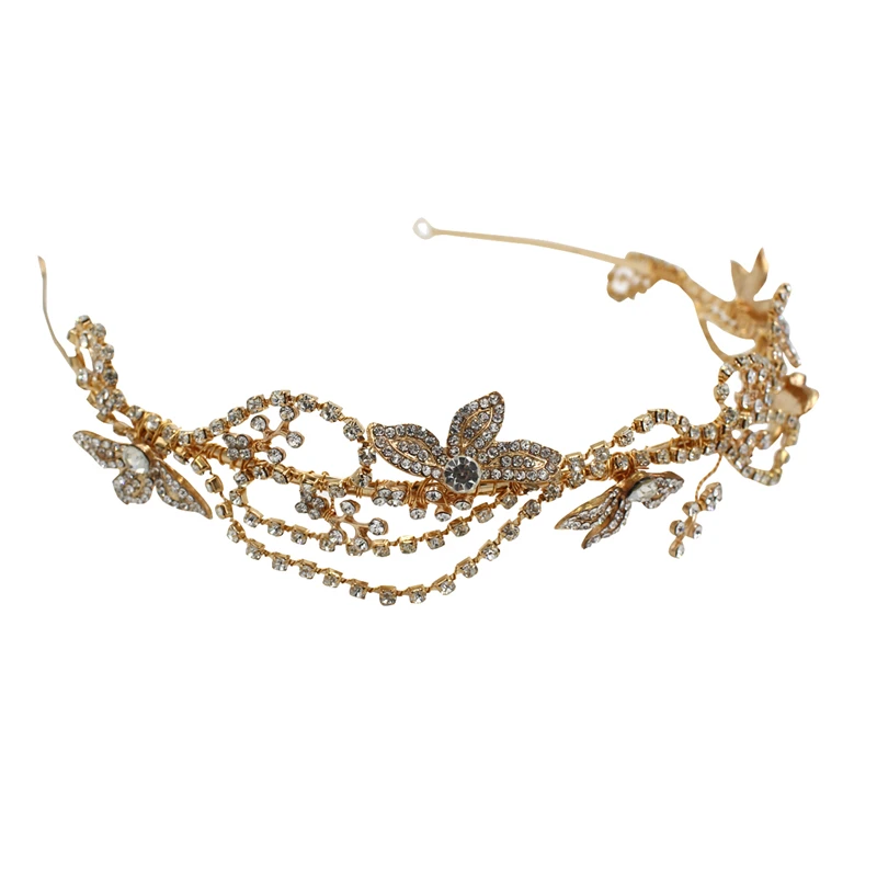 

Gold Rhinestone Bridal Tiara Headband Leaf Wedding Crown Hair Jewelry Handmade Women Accessories Hair Piece
