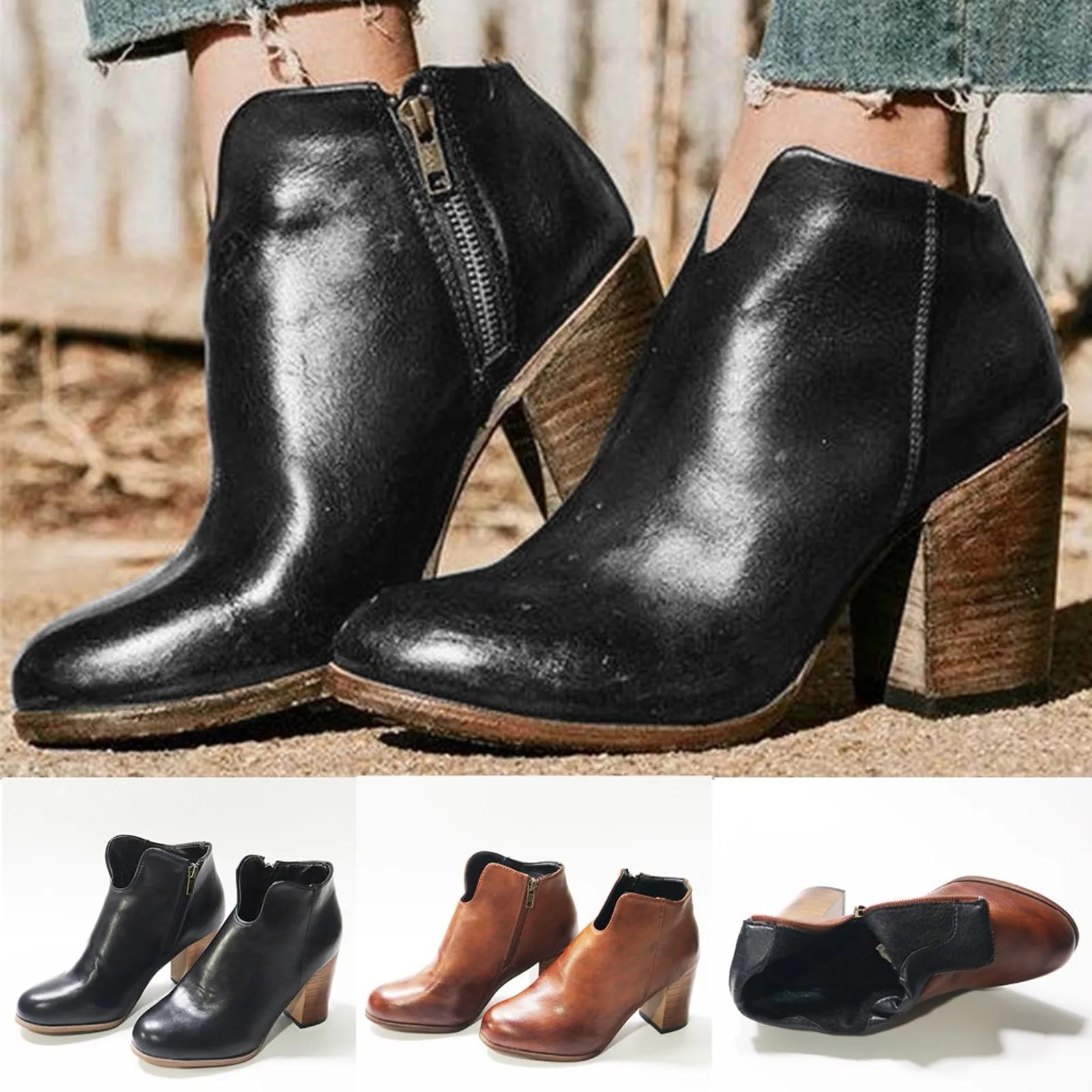 

Ботинки женские на высоком каблуке, Нескользящие однотонные короткие ботинки на молнии, ботильоны с круглым носком, модная замшевая обувь н...