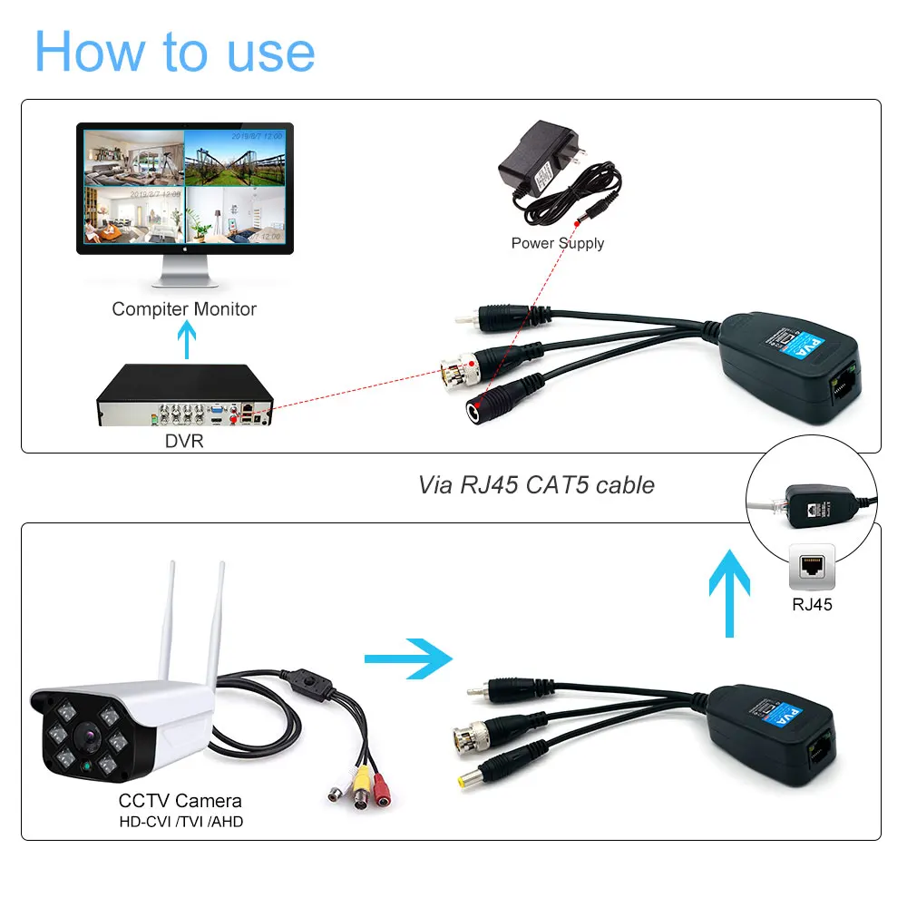 

HD 8MP BNC Video Power Balun Audio to RJ45 Connector HD-CVI/TVI/AHD Transceiver for CCTV Security Surveillance Camera System