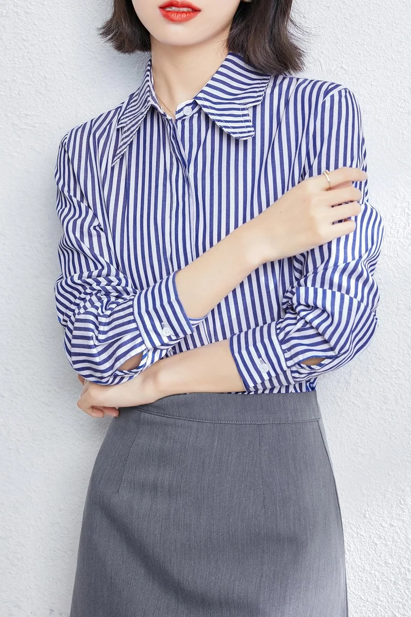 

Houthion Chiffon Polo Shirt Women's Blouses New Casual Blouse Fashion Long Sleeve Top Collar Tops Spring/autumn Stripe Buttons