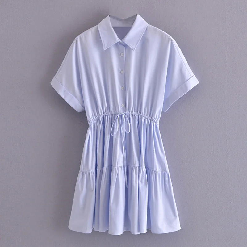 

Casual solid will see woman's shirt turn down collar office dress cotton wool short sleeves elastic waist worn